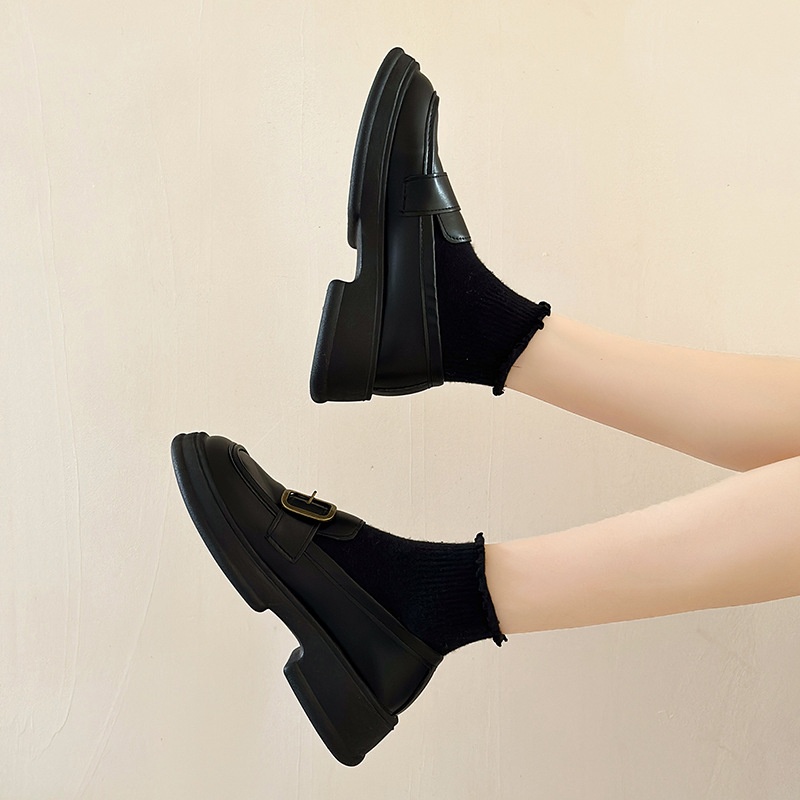 Herfst Nieuwe Zwarte Leren Instappers Voor Dames Dikke Zolen Mary Jane Schoenen_voghion.com