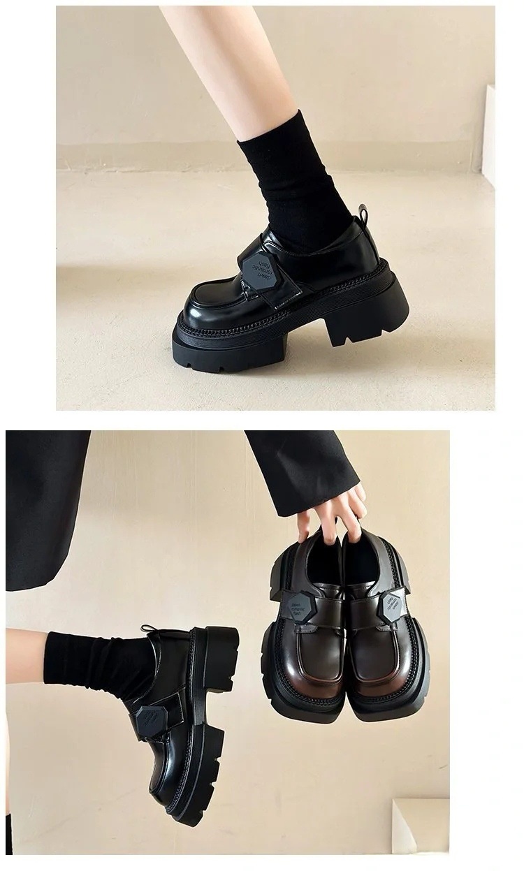 Dames leren 2025 lente nieuwe Britse stijl klittenband vierkante neus mode casual loafers platform dikke zool enkele schoenen_voghion.com