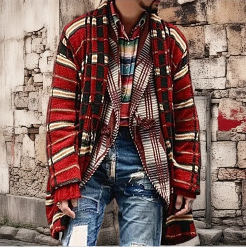 1 Foreign Trade Herbst Winter Herrenmode Karierte Strickjacke Lang Locker Übergröße Pullover Jacke Herren SY0005_voghion.com