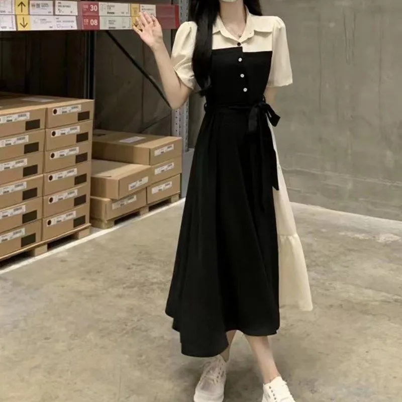 GraceChic Plus Size Color Block Patchwork Two-Piece Shirt Women Summer New For Chubby MM Waist Slimming Hepburn Style Long_voghion.com