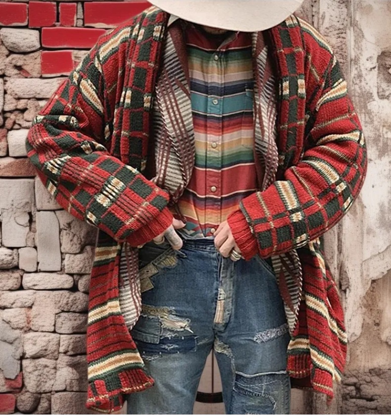 1 Foreign Trade Herbst Winter Herrenmode Karierte Strickjacke Lang Locker Übergröße Pullover Jacke Herren SY0005_voghion.com