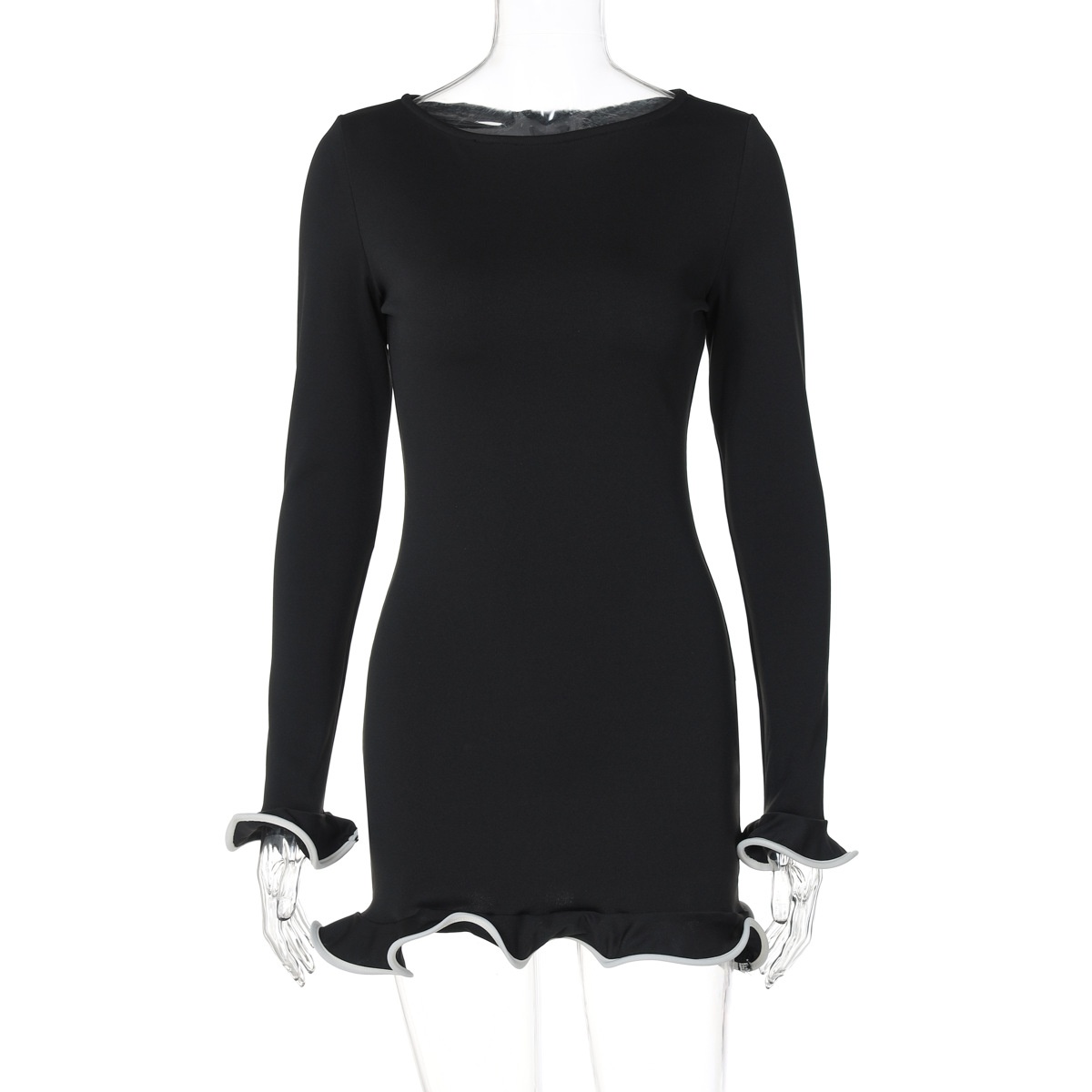 GraceChic Sexy Attillato Corto Orlo Arricciato Maniche Lunghe Maglia Tinta Unita Moda Donna Europea e Americana Esportazione Estiva_voghion.com