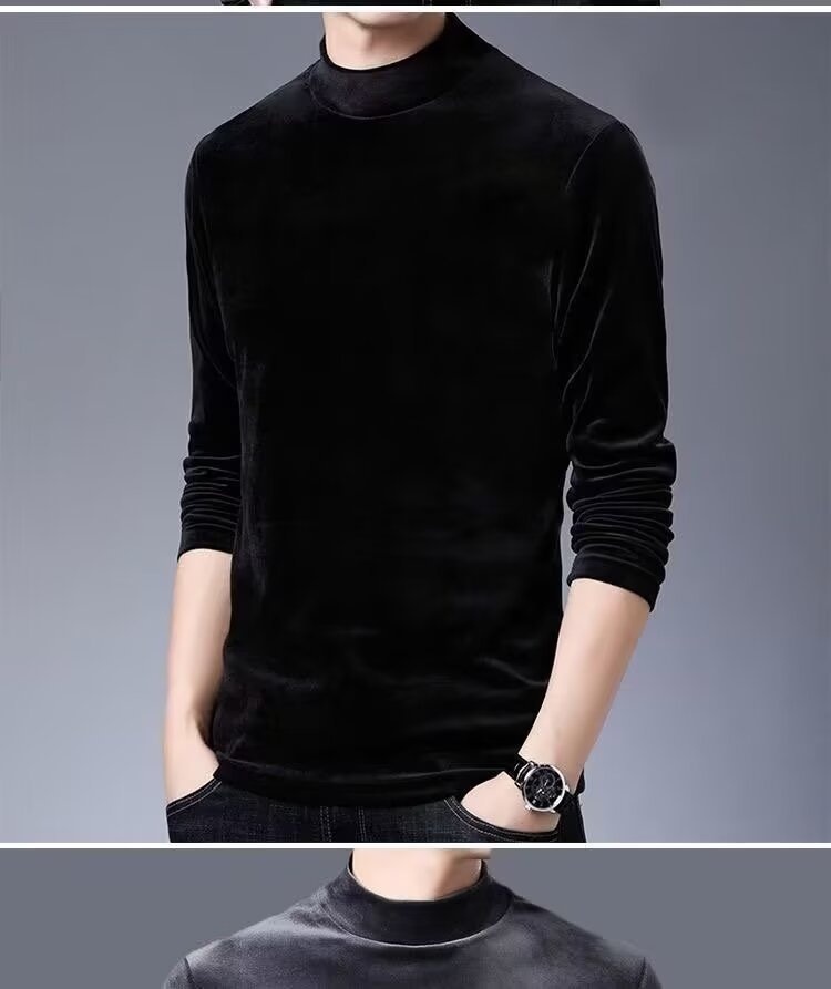 Maglietta a maniche lunghe in velluto, strato di base termico, per autunno e inverno, da uomo, con fodera in pile, spessa e a collo alto_voghion.com