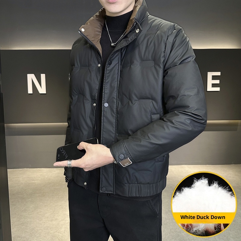 Neue, dicke, warme Winterjacke für Jungen mit Stehkragen, stylisch und lässig, weiß, mit Entendaunenfüllung – Herren-Oberbekleidung_voghion.com