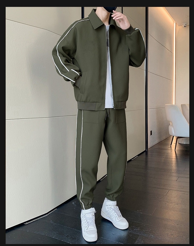 001 3D Men's Spring And Autumn Waffle Grid Casual Sports Suit Lapel Jacket Jogger Pants Two-Piece Set_voghion.com
