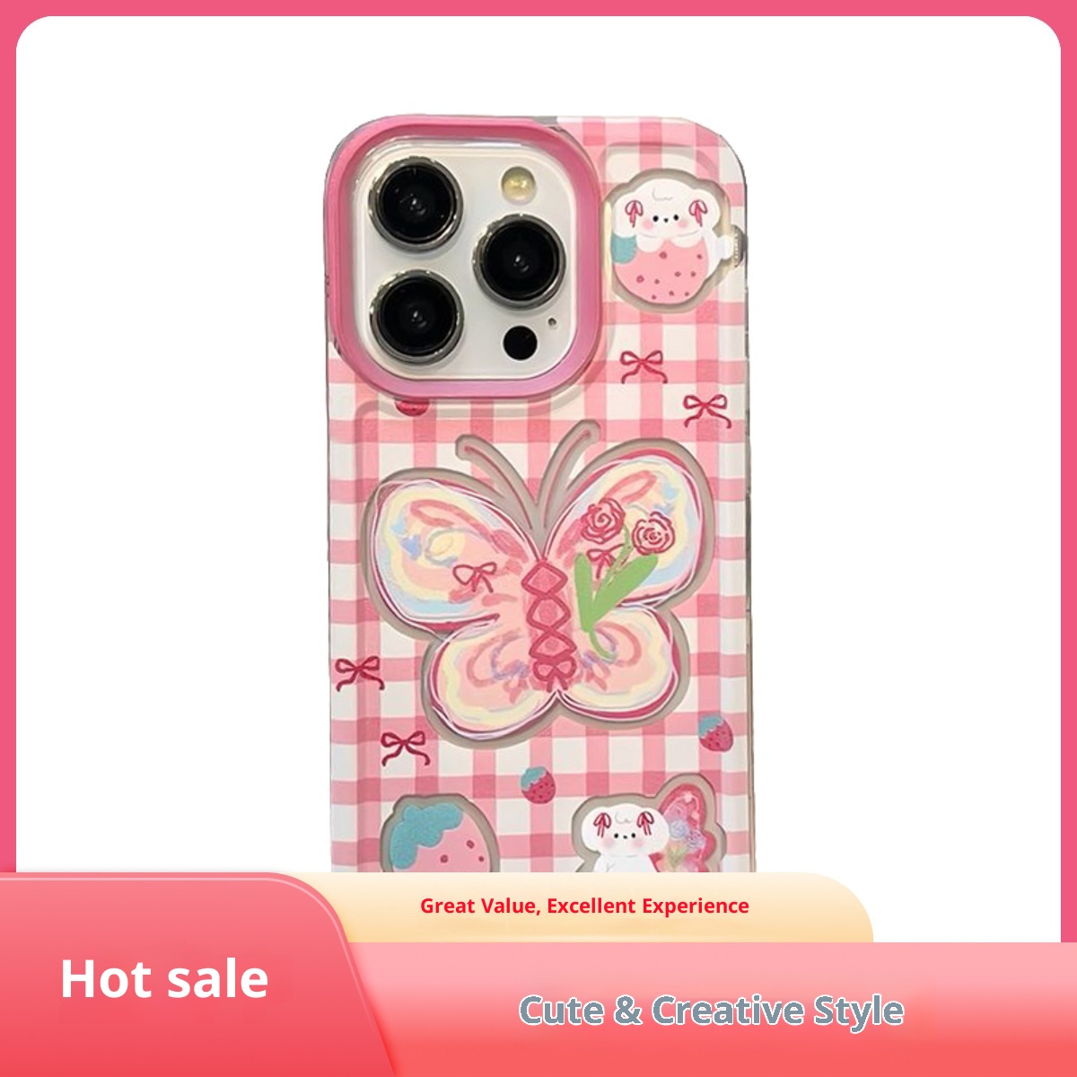 Coque TechGlobe Graffiti compatible avec iPhone 16 Pro, iPhone 14 et iPhone 15, motif papillon rose et blanc à carreaux._voghion.com