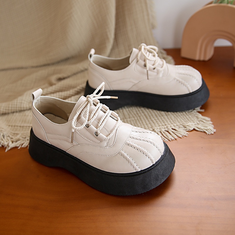 Shell Toe Dames Leren Franse Retro Dikke Zool Casual Enkel Schoenen Britse Stijl Leuke College Studenten Loafers_voghion.com