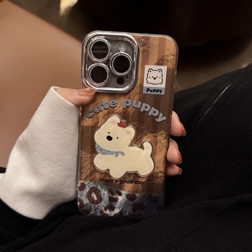 Étui TechGlobe compatible iPhone 16, iPhone 15 Pro Max, coutures apparentes, West Highland, cordon imprimé léopard, paillettes rétro._voghion.com