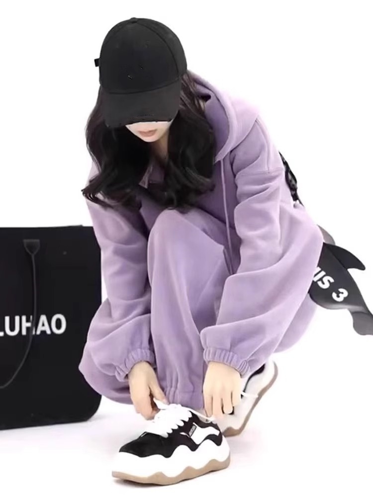 001 Purple Tracksuit Women, Autumn Winter New Loose Slimming Sweatshirt And Sweatpants, Fashionable Casual Two-Piece Set For_voghion.com