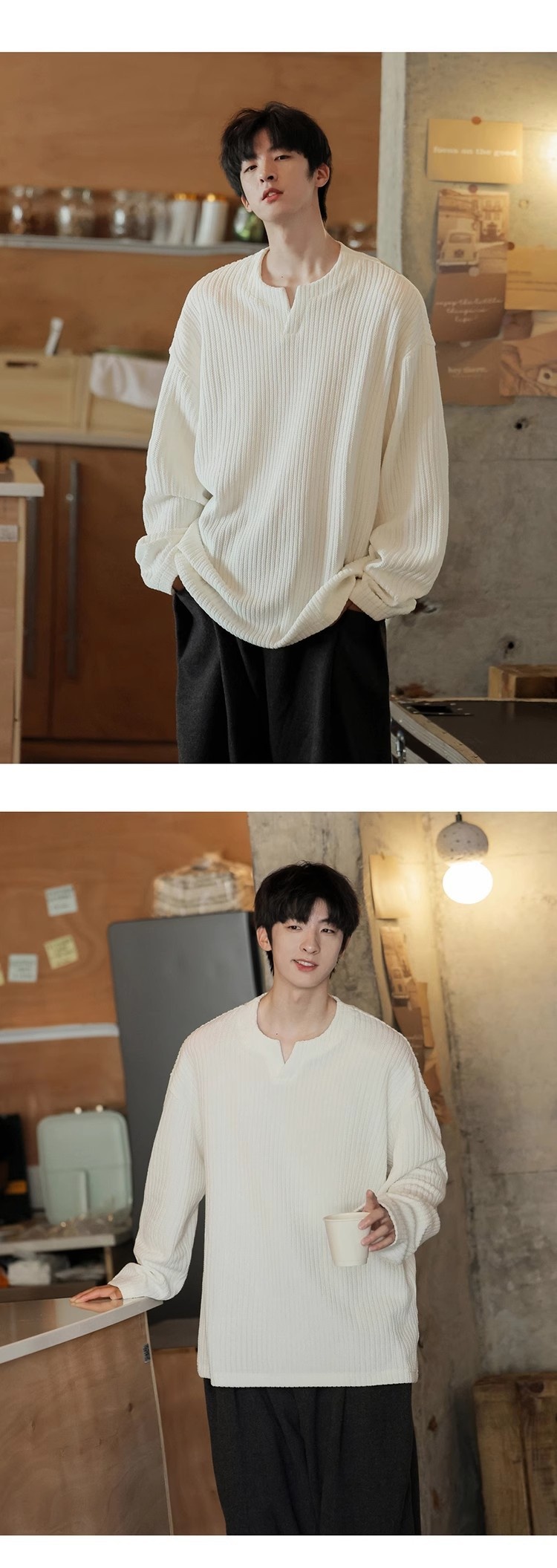 Maglietta a maniche lunghe con scollo a V e trama piccola per uomo, 2025, nuova base interna in stile coreano, stile allentato e pigro, primavera e autunno_voghion.com