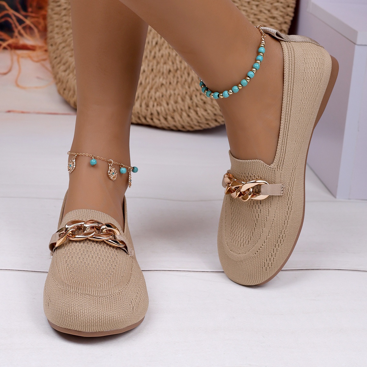 European And American Foreign Trade Large Size Chain Flat Shallow Mouth Single Shoes For Women Cross-Border Wide Toe Fly_voghion.com