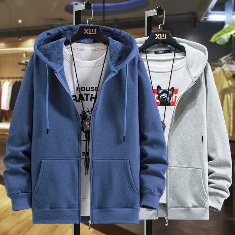 boy Boy New Autumn Winter Plus Size Zipper Hoodie For Men, Fleece-Lined Loose Cardigan, Men's Hooded Sweatshirt Jacket_voghion.com