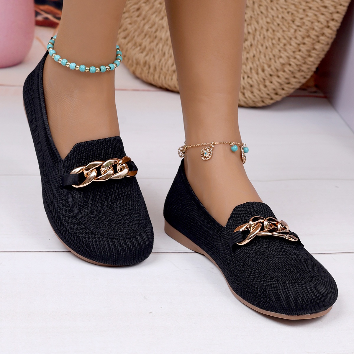 European And American Foreign Trade Large Size Chain Flat Shallow Mouth Single Shoes For Women Cross-Border Wide Toe Fly_voghion.com