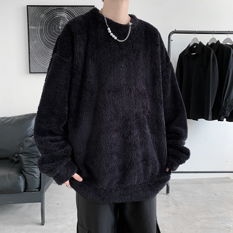 boy Y25Pexrozna Trendy Brand Autumn Winter Couple Lamb Wool Men Fleece Warm Round Neck Sweatshirt Loose Jacket_voghion.com