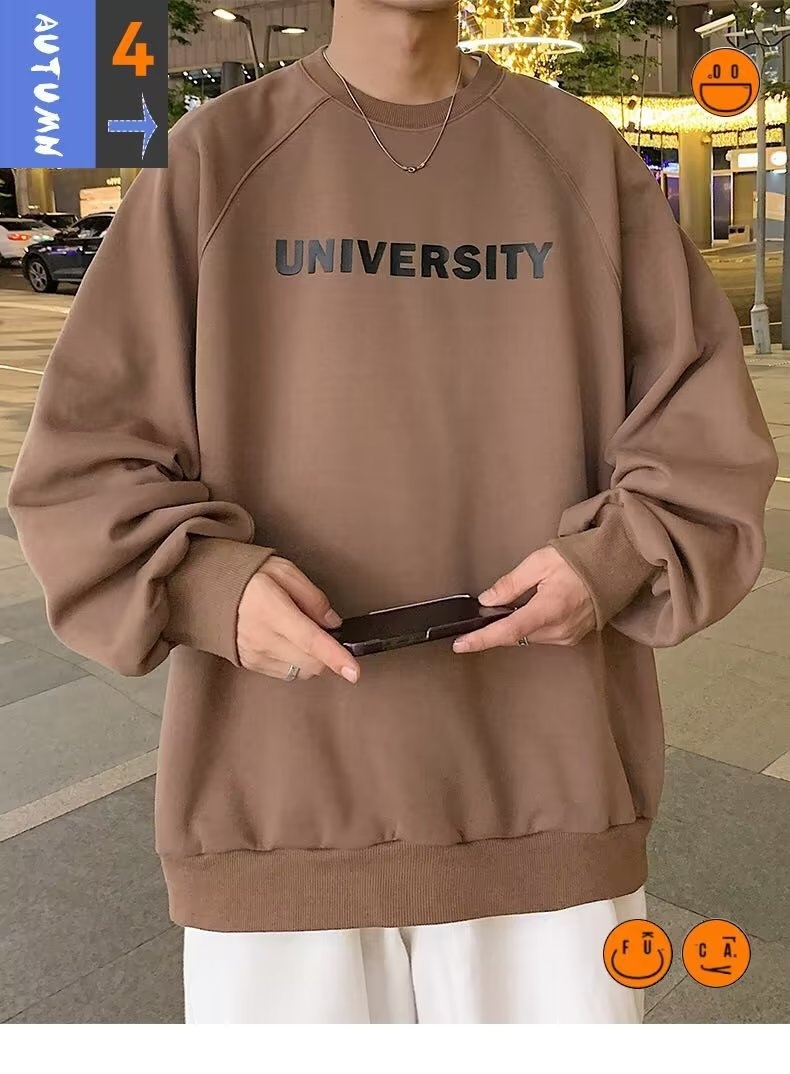 boy Men's Hoodless Crew Neck Zhongshan Sweatshirt Fleece Lined Thickened Autumn Winter Base Shirt Loose Long Sleeve T-Shirt_voghion.com