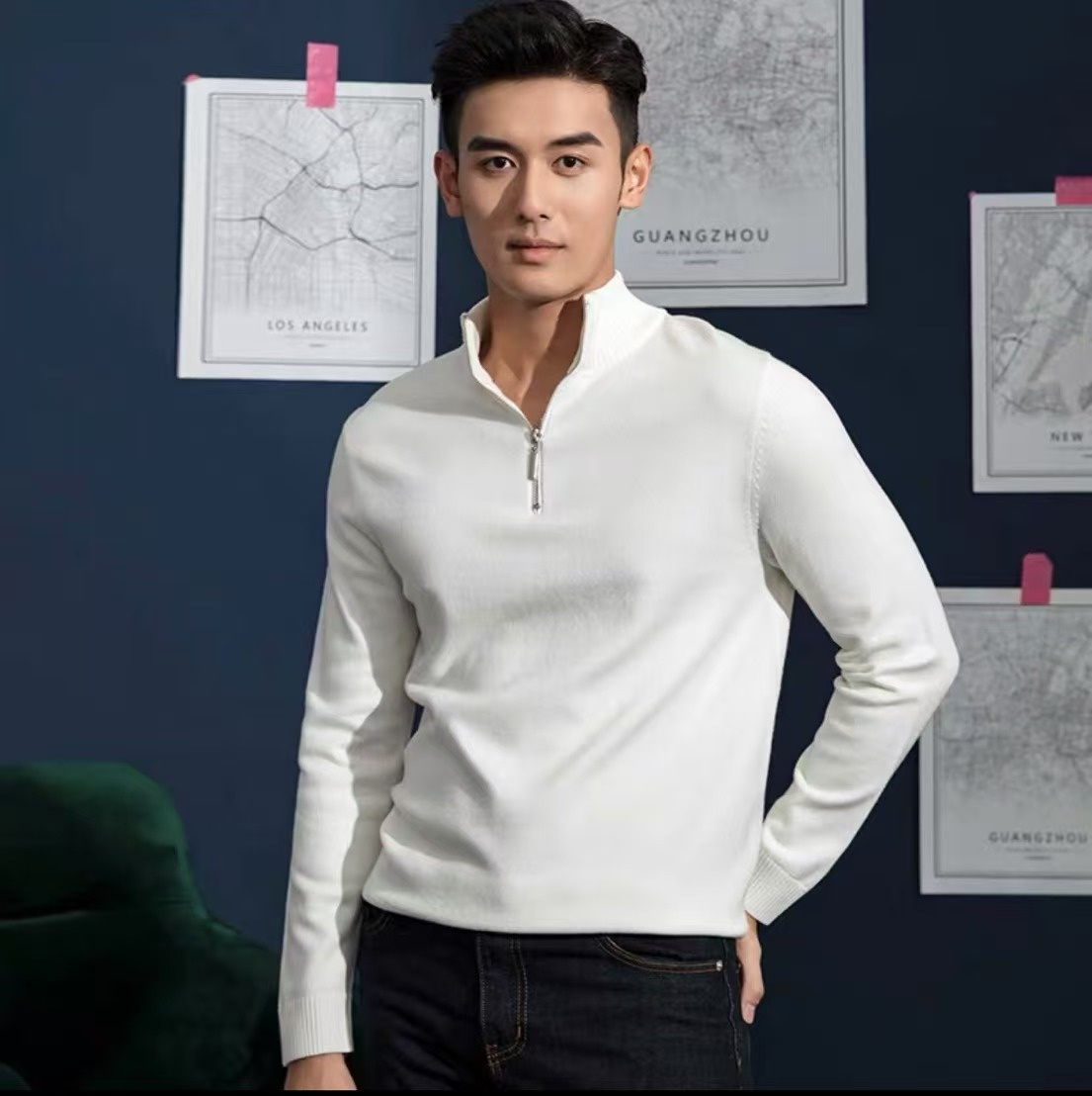 Neuer Herrenpullover für Frühling und Herbst, langärmelig, lässig, mit Stehkragen, halbem Reißverschluss, schmal geschnitten, Strickmode, figurschmeichelnd_voghion.com
