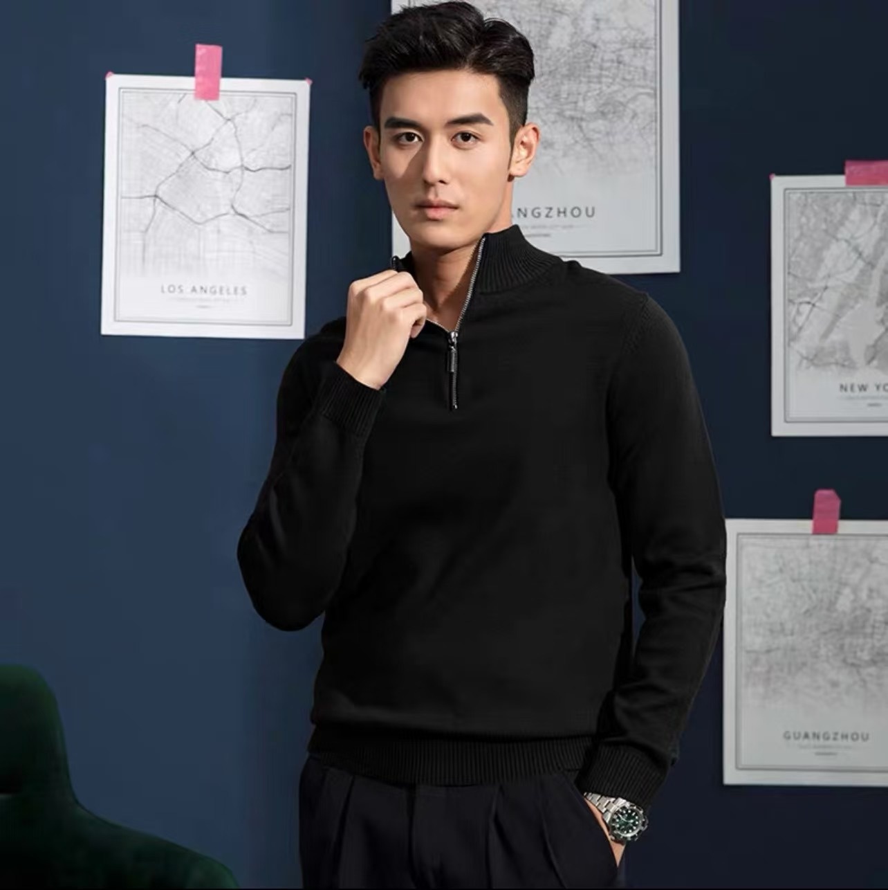 Neuer Herrenpullover für Frühling und Herbst, langärmelig, lässig, mit Stehkragen, halbem Reißverschluss, schmal geschnitten, Strickmode, figurschmeichelnd_voghion.com