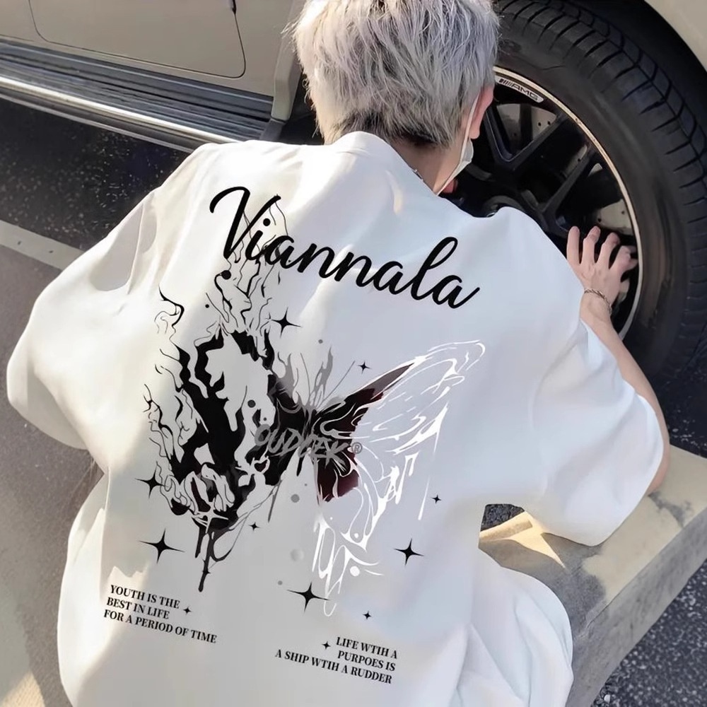 boy Boy Trendy Brand Cool Style T-Shirt For Men High-End Summer Cotton Butterfly Short American High Street Niche Five-Quarter_voghion.com