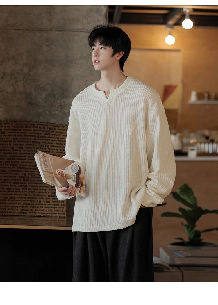 Maglietta a maniche lunghe con scollo a V e trama piccola per uomo, 2025, nuova base interna in stile coreano, stile allentato e pigro, primavera e autunno_voghion.com