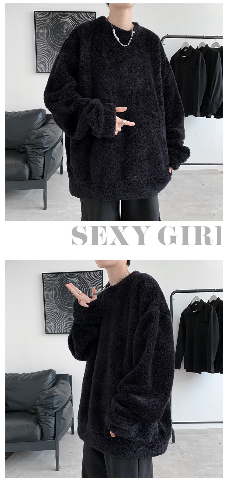 boy Y25Pexrozna Trendy Brand Autumn Winter Couple Lamb Wool Men Fleece Warm Round Neck Sweatshirt Loose Jacket_voghion.com