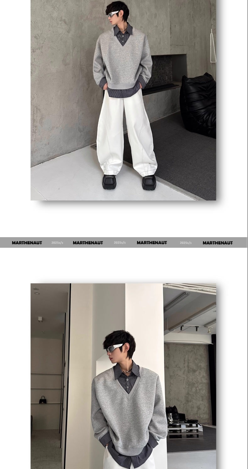 boy Boy Autumn Winter Niche Design Two-Piece Patchwork Sweatshirt Men's Korean Style Solid Color Versatile Loose Top_voghion.com