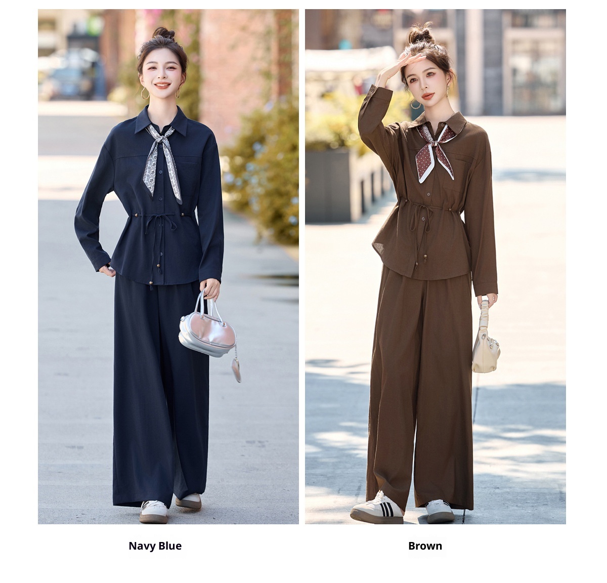 GraceChic 2025 New Women's Loose Slimming Shirt Elastic High Waist Belly Covering Age-Reducing Wide-Leg Pants Two-Piece Set MU8088_voghion.com