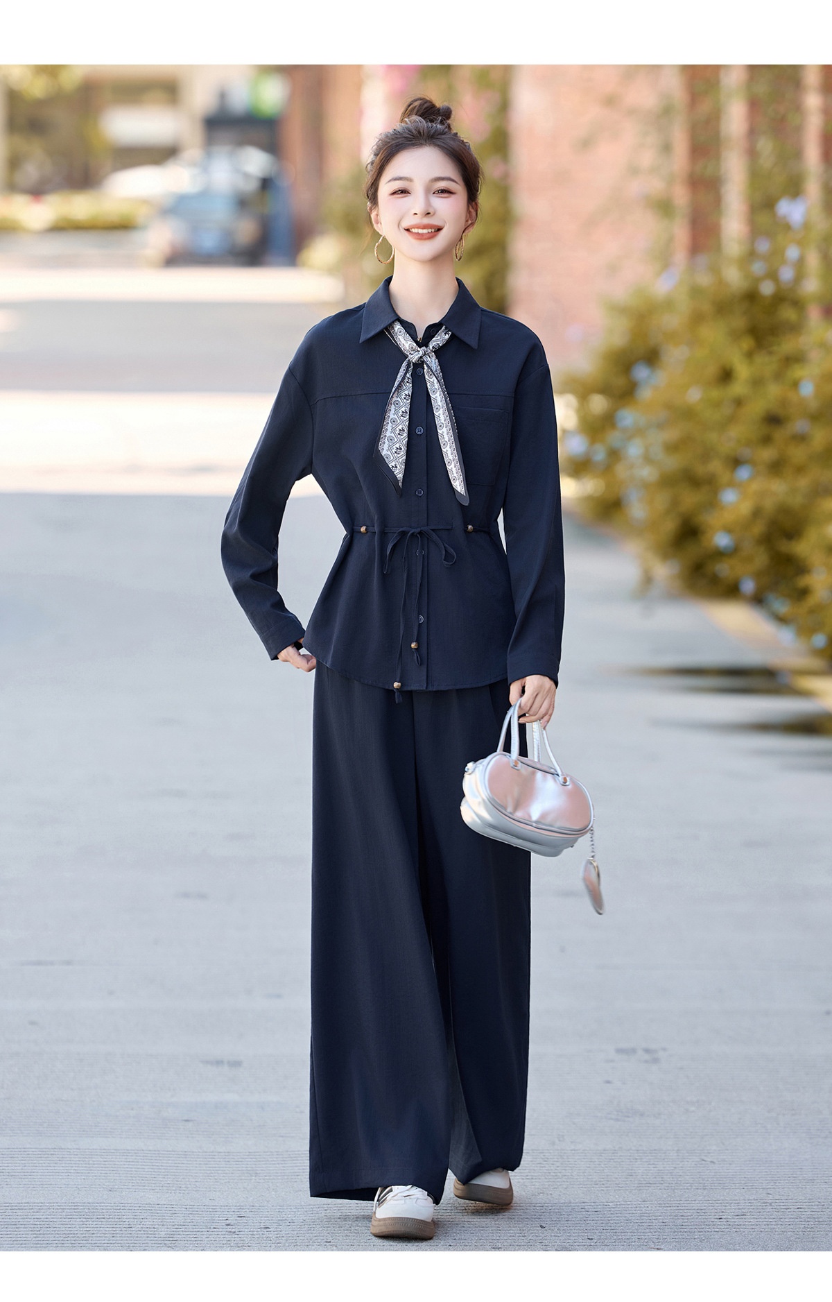 GraceChic 2025 New Women's Loose Slimming Shirt Elastic High Waist Belly Covering Age-Reducing Wide-Leg Pants Two-Piece Set MU8088_voghion.com