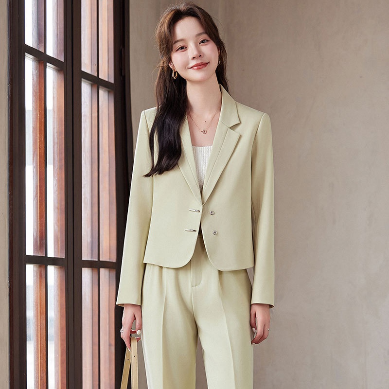 GraceChic Green Short Blazer For Women, Autumn Winter 2024 New Style, Elegant And Fashionable Suit With Wide-Leg Pants,_voghion.com