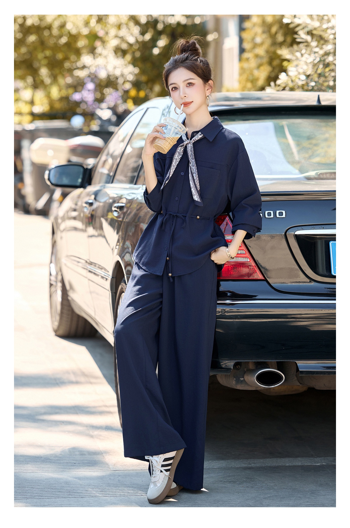 GraceChic 2025 New Women's Loose Slimming Shirt Elastic High Waist Belly Covering Age-Reducing Wide-Leg Pants Two-Piece Set MU8088_voghion.com