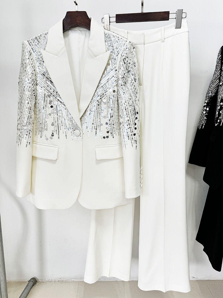 GraceChic - Conjunto de duas peças com calça comprida, bordado pesado com lantejoulas e aplicações de pérolas, inspirado na moda de celebridades europeias e americanas de 2024._voghion.com