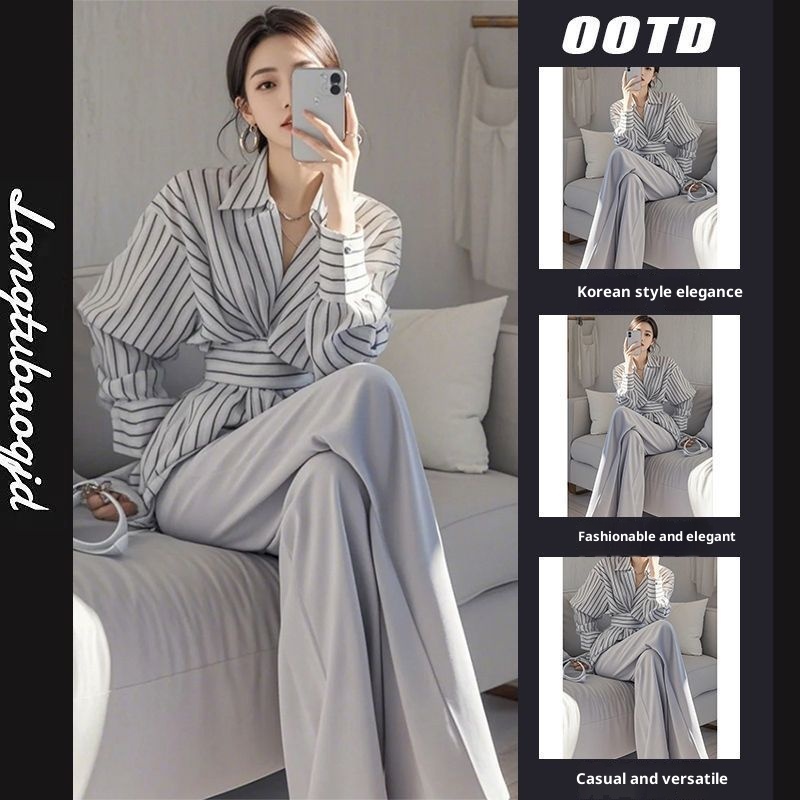 GraceChic GraceChic A Complete Outfit Set: Salt Style, Mature Elegant, Chic And Bold Gray Striped Waist-Cinching Shirt Professional Suit For_ecoleips.com