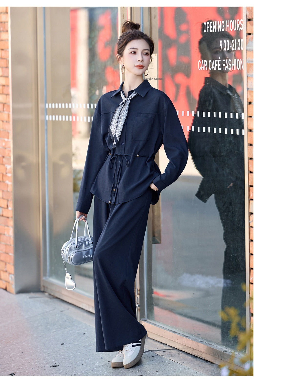 GraceChic 2025 New Women's Loose Slimming Shirt Elastic High Waist Belly Covering Age-Reducing Wide-Leg Pants Two-Piece Set MU8088_voghion.com