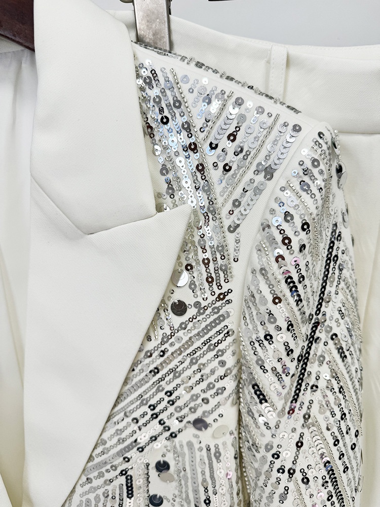 GraceChic - Conjunto de duas peças com calça comprida, bordado pesado com lantejoulas e aplicações de pérolas, inspirado na moda de celebridades europeias e americanas de 2024._voghion.com