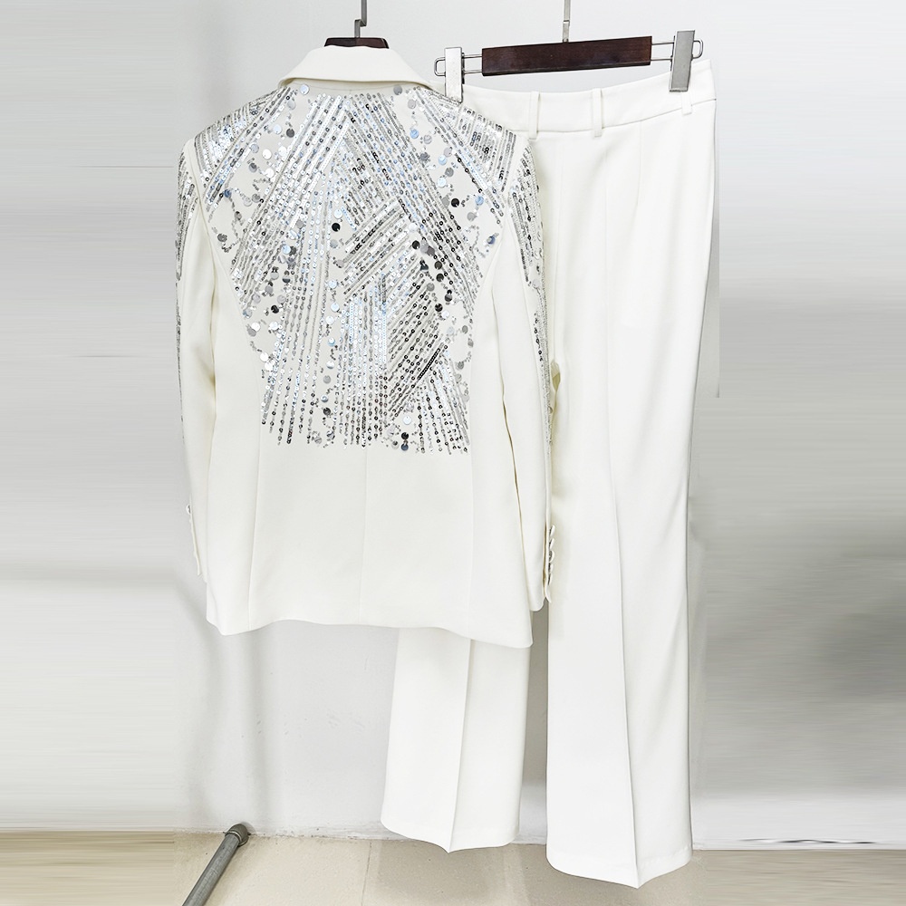 GraceChic - Conjunto de duas peças com calça comprida, bordado pesado com lantejoulas e aplicações de pérolas, inspirado na moda de celebridades europeias e americanas de 2024._voghion.com