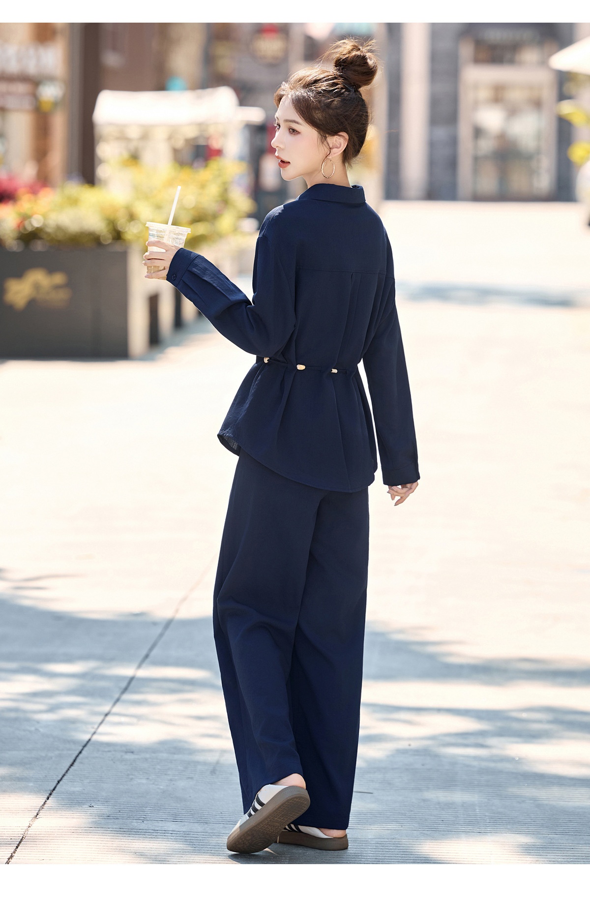 GraceChic 2025 New Women's Loose Slimming Shirt Elastic High Waist Belly Covering Age-Reducing Wide-Leg Pants Two-Piece Set MU8088_voghion.com