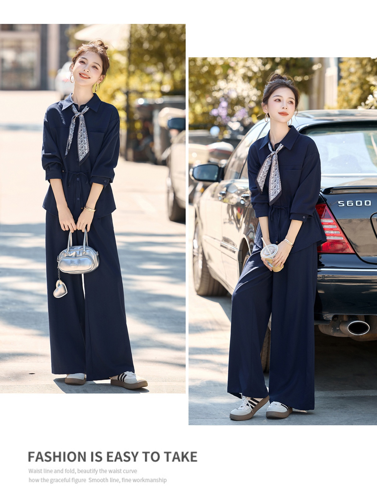 GraceChic 2025 New Women's Loose Slimming Shirt Elastic High Waist Belly Covering Age-Reducing Wide-Leg Pants Two-Piece Set MU8088_voghion.com