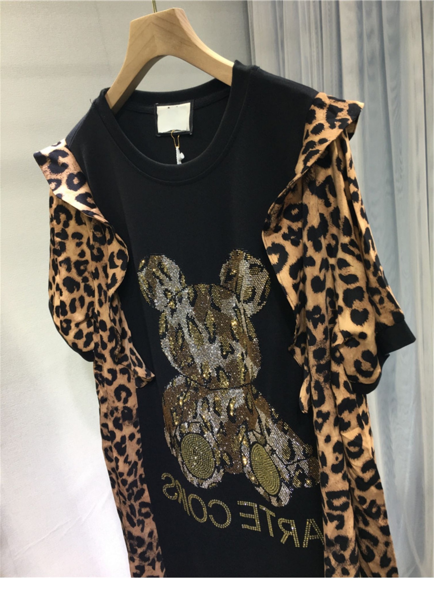 GraceChic Plus Size 1.0-150kg Sommerkleid mit Strasssteinen, Leopardenmuster, Rüschen und Bärenmotiv, kurzen Ärmeln und mittellanger Länge für Damen_voghion.com