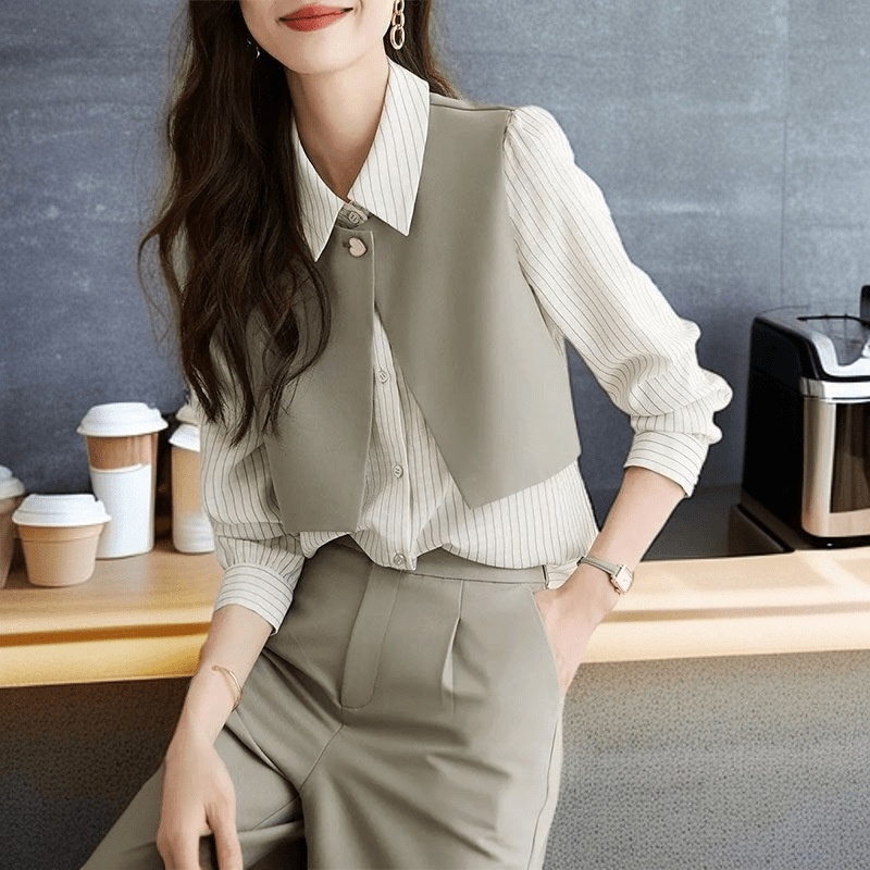 GraceChic GraceChic Completo a righe patchwork alla moda ed elegante 2024 Autunno Nuovo elegante due pezzi camicia blazer pantaloni tuta per donna_voghion.com