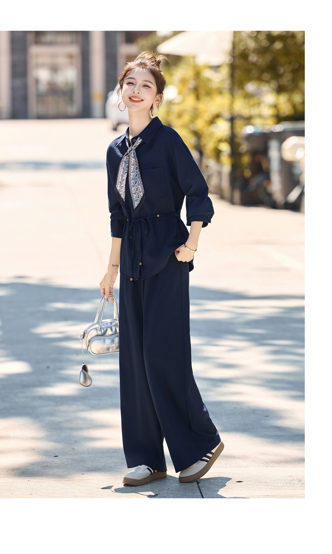 GraceChic 2025 New Women's Loose Slimming Shirt Elastic High Waist Belly Covering Age-Reducing Wide-Leg Pants Two-Piece Set MU8088_voghion.com