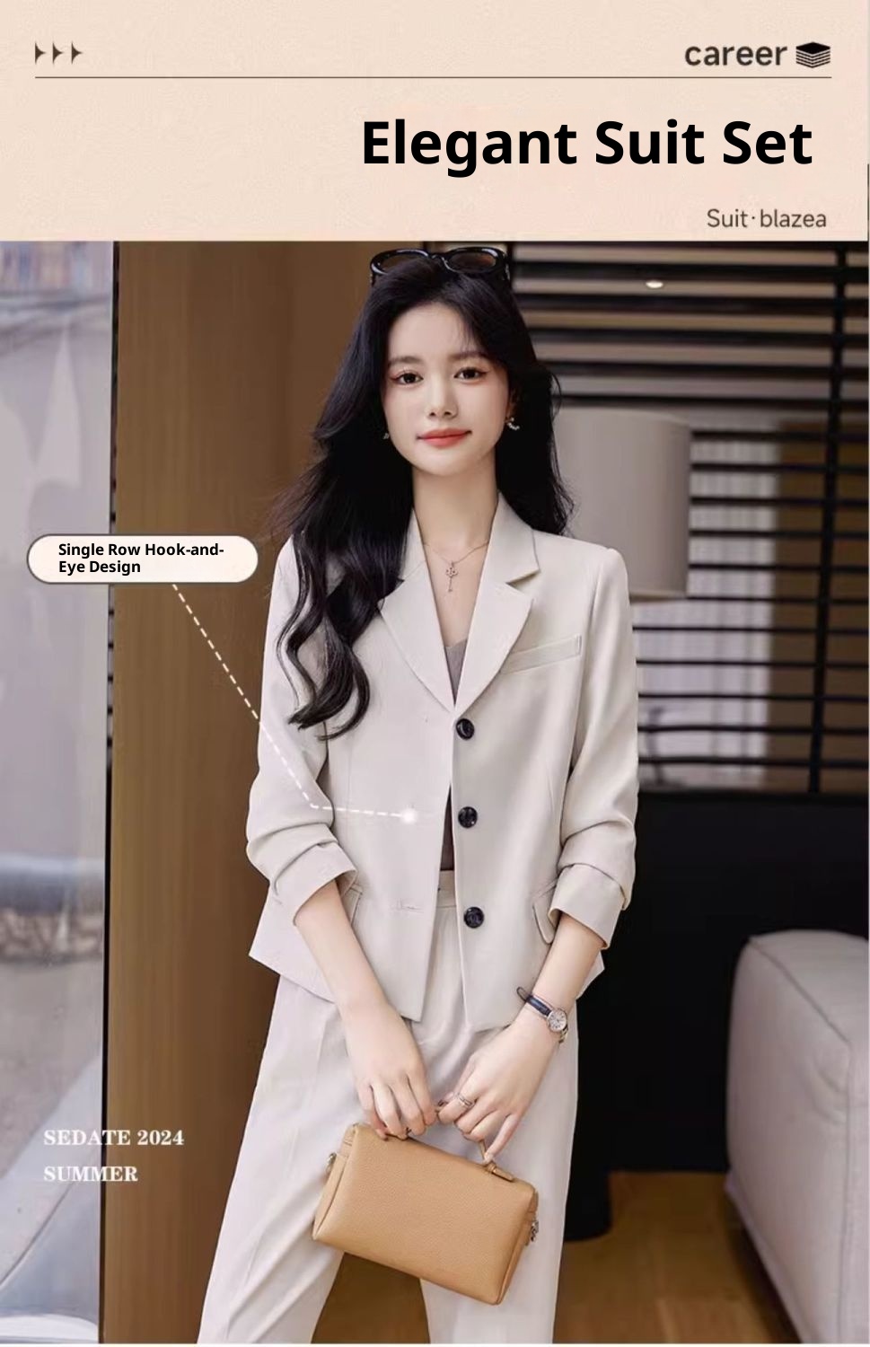 GraceChic Frühjahr 2025: Schlichtes Hosen-Set für Pendler, langärmelig, aus Polyester, lässiger kurzer Blazer_voghion.com