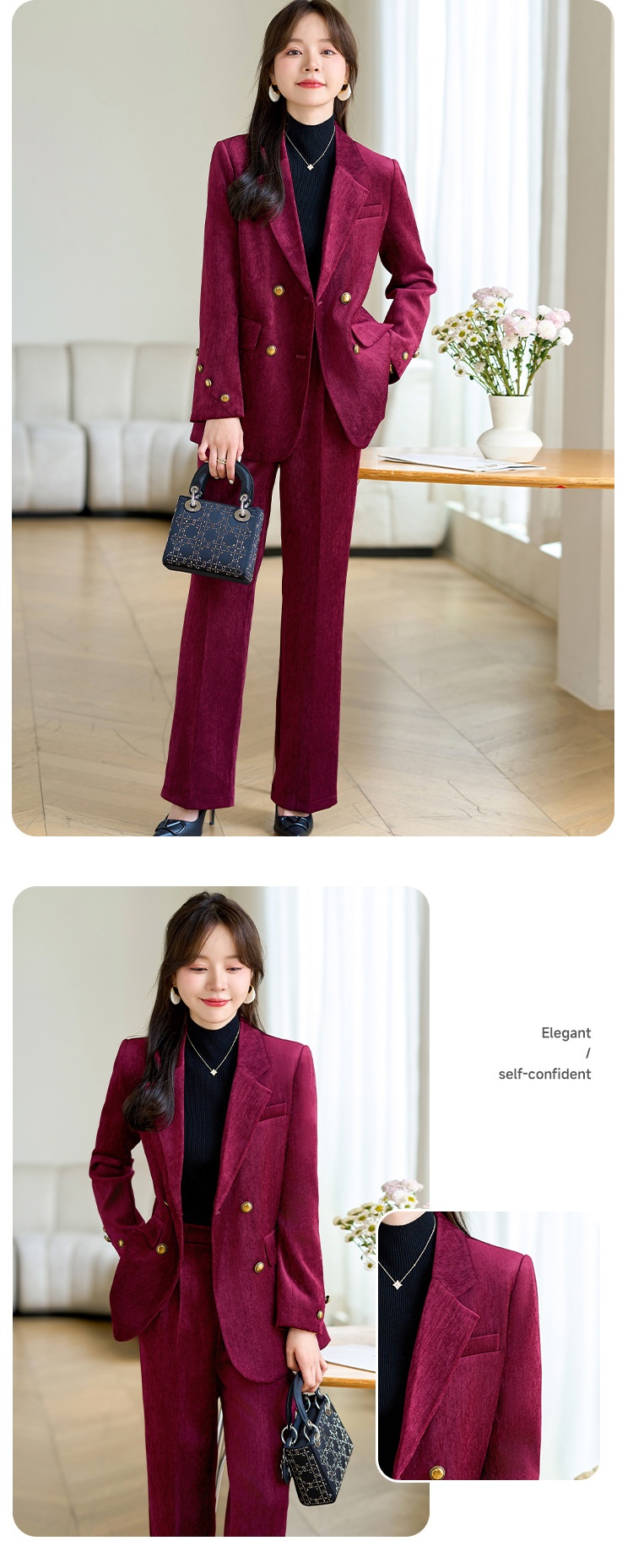 GraceChic Red Blazer For Women 2024 Autumn Winter Thick High-End Feel Petite Wide-Leg Pants Professional Suit Casual Formal Wear_voghion.com