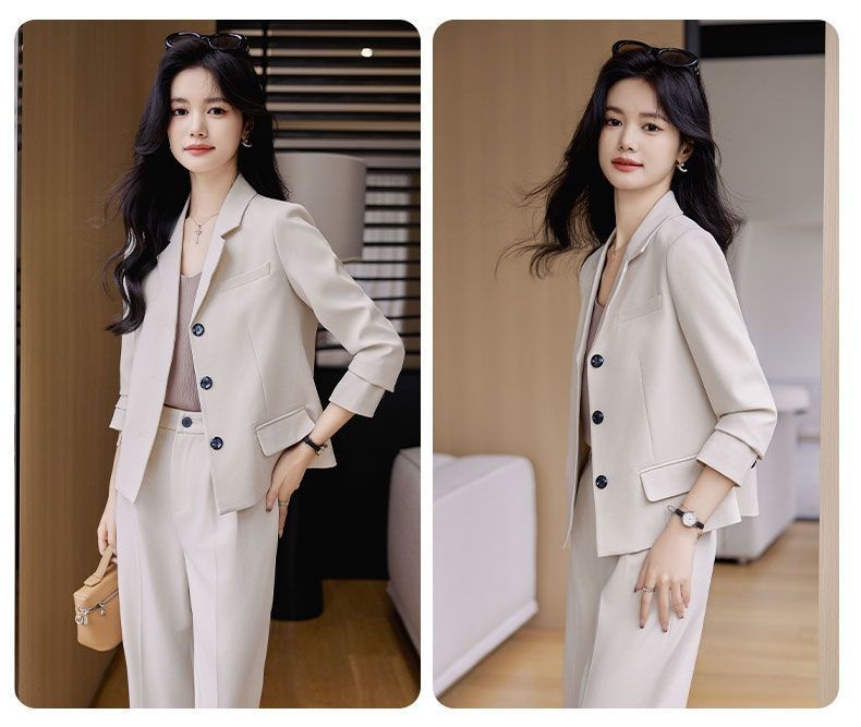 GraceChic Frühjahr 2025: Schlichtes Hosen-Set für Pendler, langärmelig, aus Polyester, lässiger kurzer Blazer_voghion.com