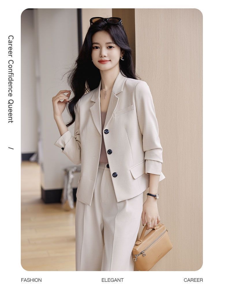 GraceChic Frühjahr 2025: Schlichtes Hosen-Set für Pendler, langärmelig, aus Polyester, lässiger kurzer Blazer_voghion.com