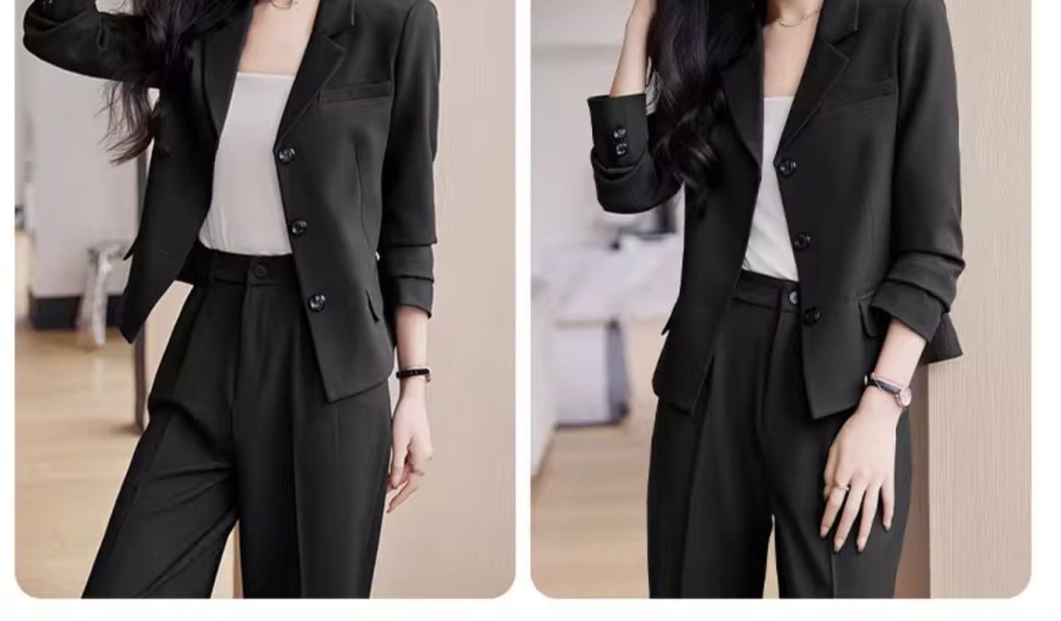 GraceChic Frühjahr 2025: Schlichtes Hosen-Set für Pendler, langärmelig, aus Polyester, lässiger kurzer Blazer_voghion.com