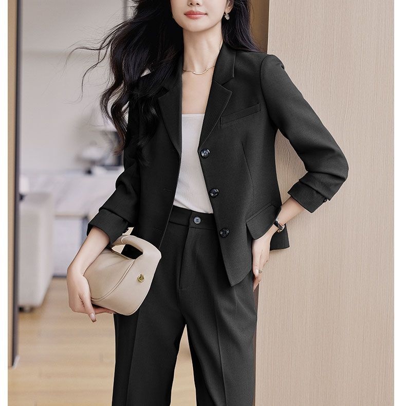 GraceChic Frühjahr 2025: Schlichtes Hosen-Set für Pendler, langärmelig, aus Polyester, lässiger kurzer Blazer_voghion.com