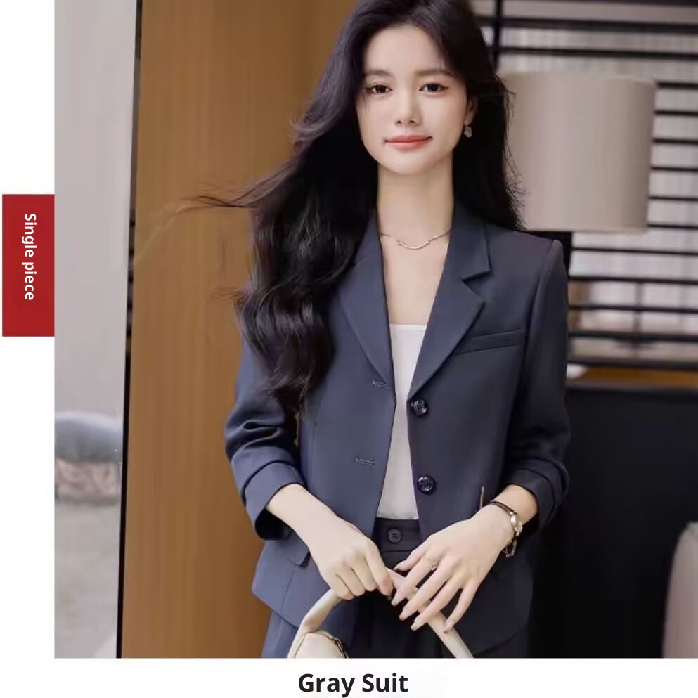 GraceChic Frühjahr 2025: Schlichtes Hosen-Set für Pendler, langärmelig, aus Polyester, lässiger kurzer Blazer_voghion.com