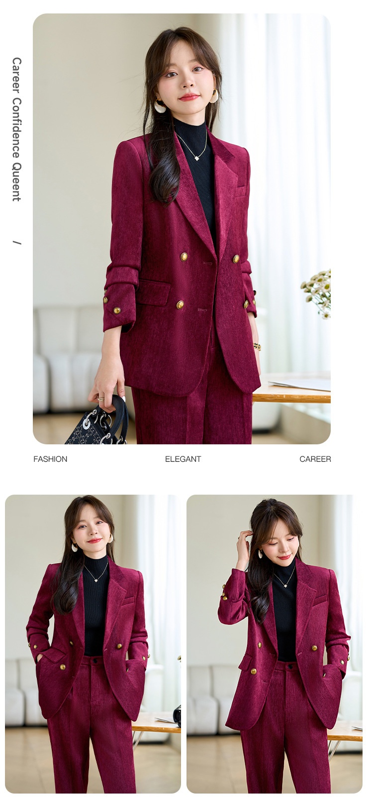 GraceChic Red Blazer For Women 2024 Autumn Winter Thick High-End Feel Petite Wide-Leg Pants Professional Suit Casual Formal Wear_voghion.com