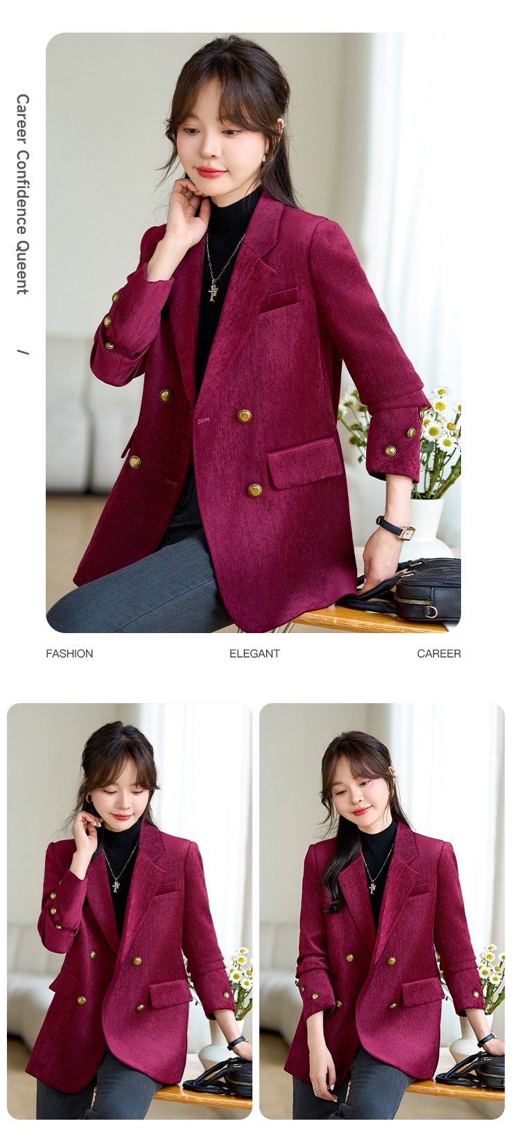GraceChic Red Blazer For Women 2024 Autumn Winter Thick High-End Feel Petite Wide-Leg Pants Professional Suit Casual Formal Wear_voghion.com