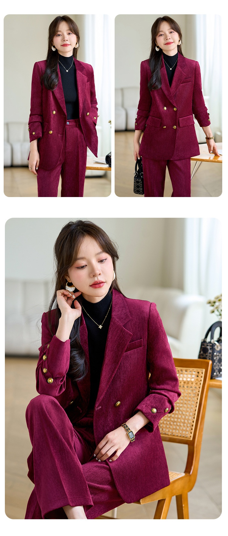 GraceChic Red Blazer For Women 2024 Autumn Winter Thick High-End Feel Petite Wide-Leg Pants Professional Suit Casual Formal Wear_voghion.com