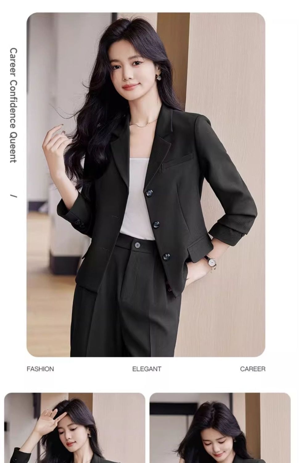 GraceChic Frühjahr 2025: Schlichtes Hosen-Set für Pendler, langärmelig, aus Polyester, lässiger kurzer Blazer_voghion.com